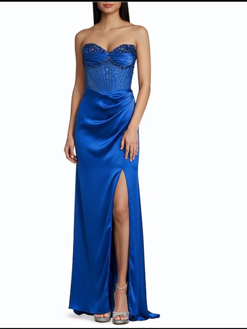 Social Strapless Sweetheart Beaded Rhinestone Corset Long Dress - Picture 3 of 8